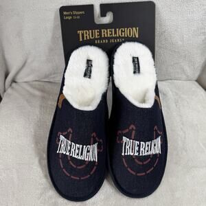True Religion NEW Red Logo Slippers Men Sz Large 11-12 Blue Denim Fleece Slip On